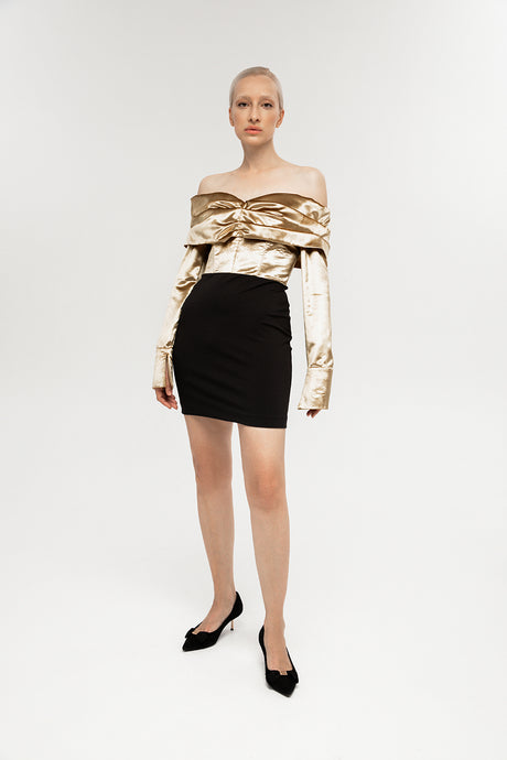 off shoulder gold dress