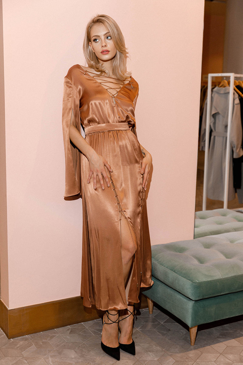 elena satin dress Elena Silk Satin Long Dress In Ivory Rhea Costa