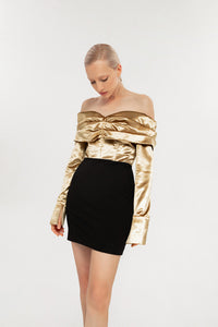 off shoulder gold dress